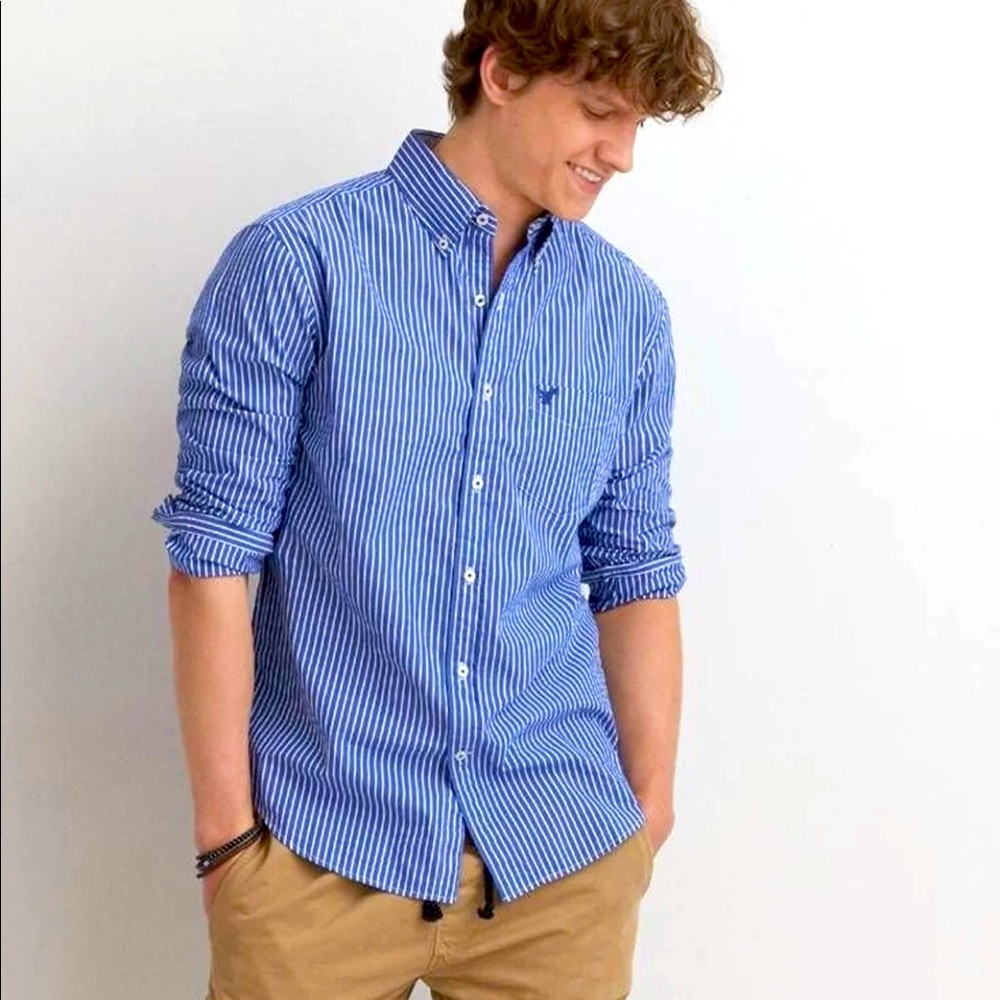 American Eagle Striped Men's Shirt Blue White Lg